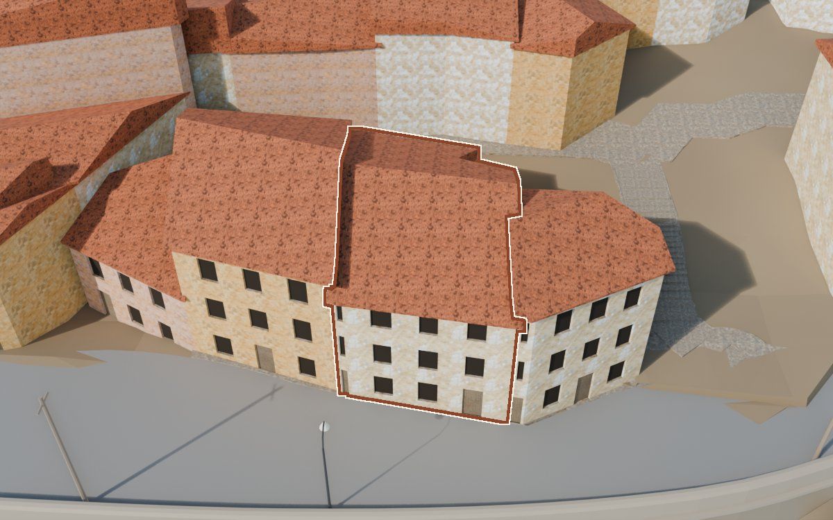 Casa de Lo Muro (El Muro) en la reconstrucción 3D, vista desde el lado en que mejor se ve, con su contorno marcado en teja entre las casas de alrededor