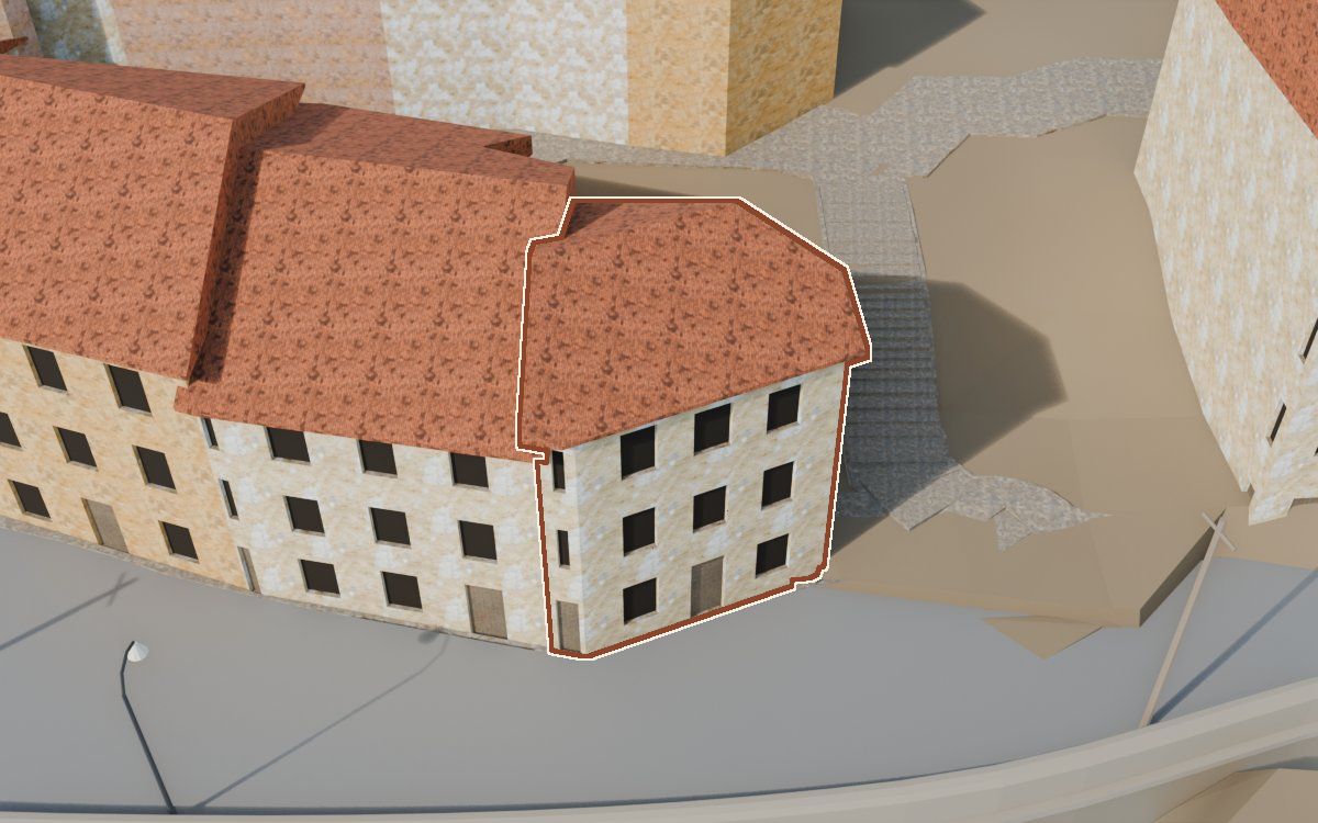 Casa de Lo Muro (El Muro) en la reconstrucción 3D, vista desde el lado en que mejor se ve, con su contorno marcado en teja entre las casas de alrededor