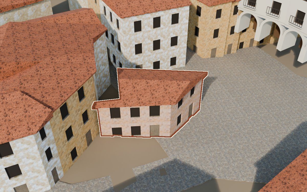 Casa del Carrer Barrinol (Calle Barrinol) en la reconstrucción 3D, vista desde su calle, con su contorno marcado en teja entre las casas de alrededor