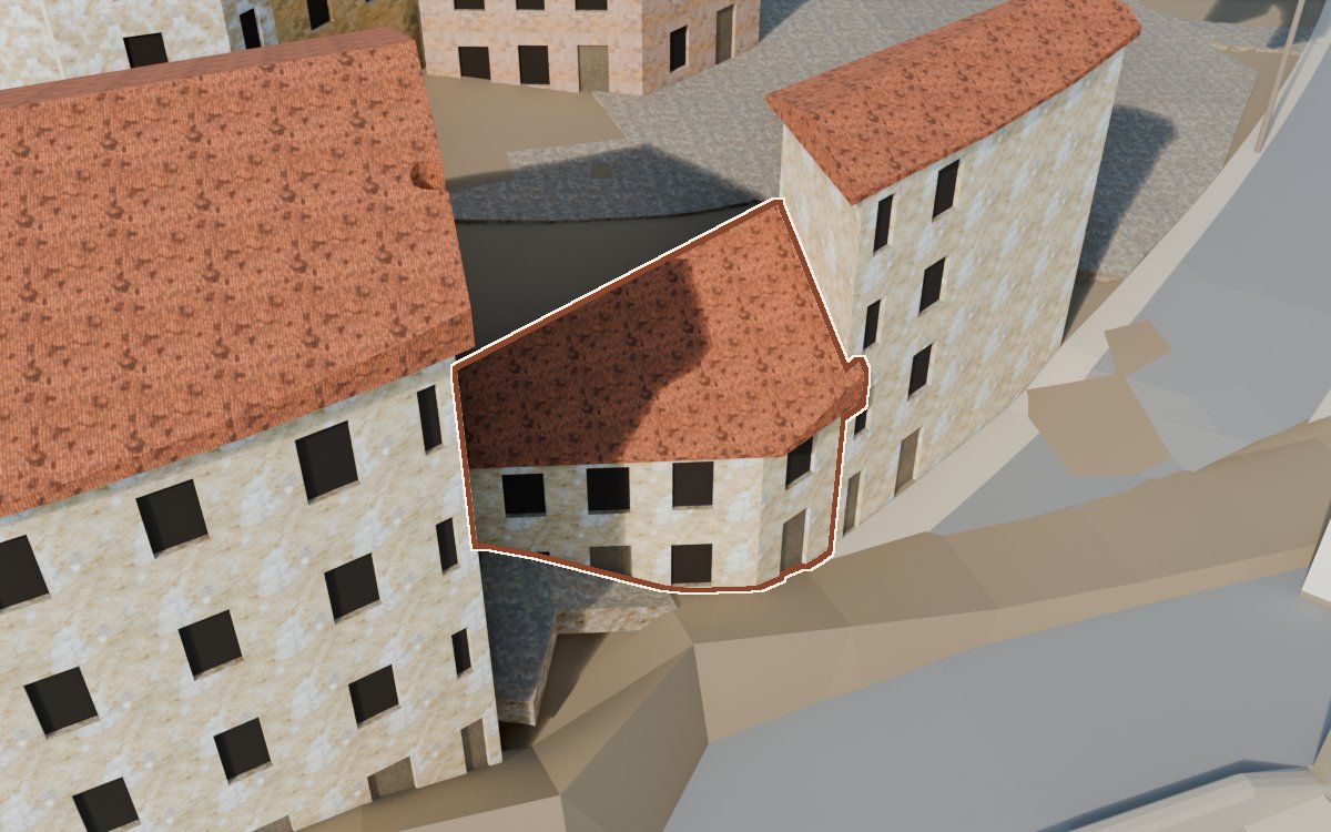 Casa del Carrer Cuquet (Calle Cuquet) en la reconstrucción 3D, vista desde su calle, con su contorno marcado en teja entre las casas de alrededor