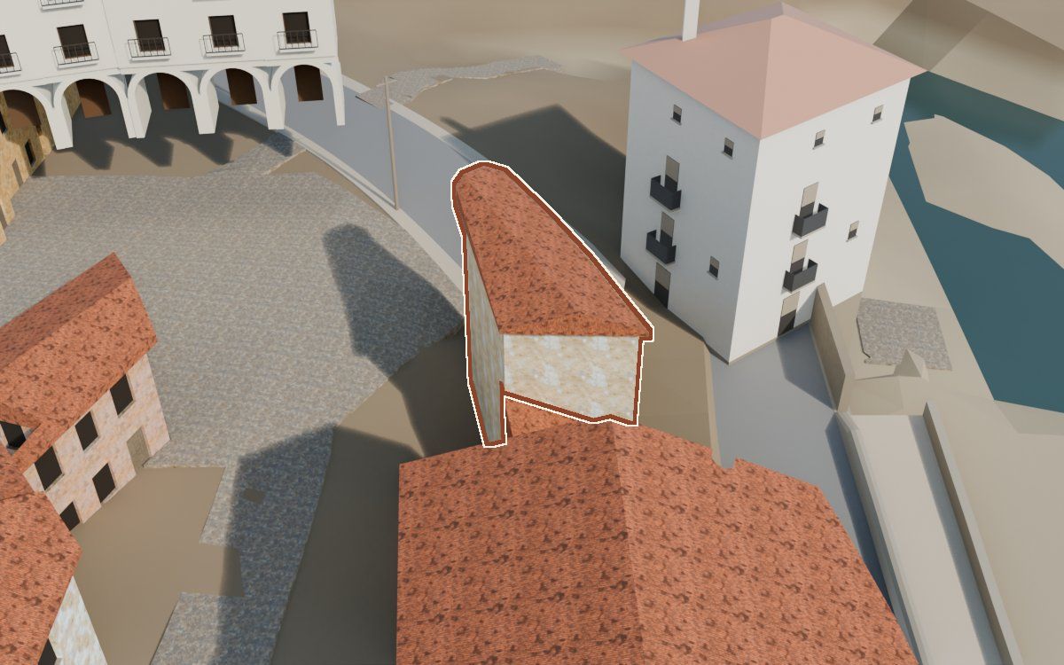 Casa de Lo Muro (El Muro) en la reconstrucción 3D, vista desde su calle, con su contorno marcado en teja entre las casas de alrededor