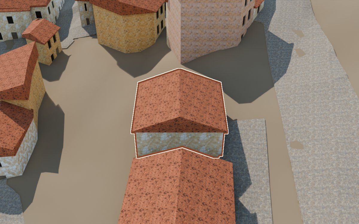 Casa del Carrer Sepulcro (Calle del Sepulcro) en la reconstrucción 3D, vista desde su calle, con su contorno marcado en teja entre las casas de alrededor