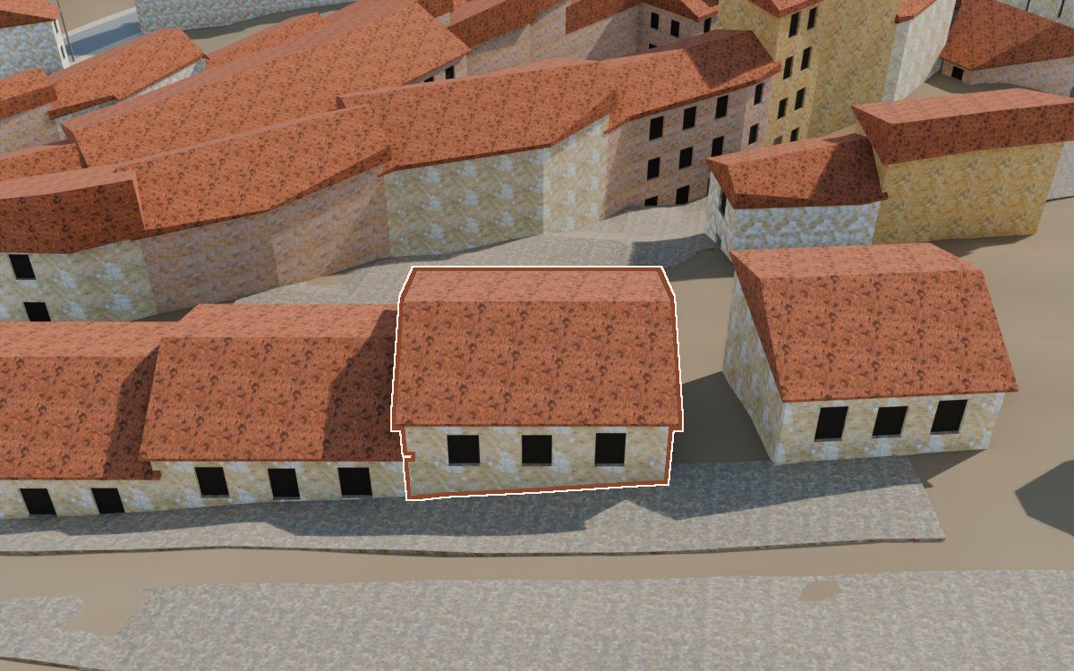 Casa del Carrer Sepulcro (Calle del Sepulcro) en la reconstrucción 3D, vista desde su calle, con su contorno marcado en teja entre las casas de alrededor