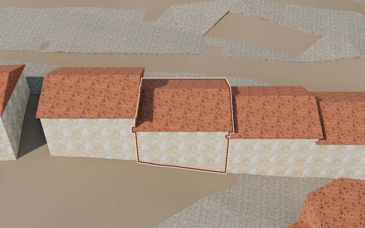 Casa del Carrer Sepulcro (Calle del Sepulcro) en la reconstrucción 3D, vista desde su calle, con su contorno marcado en teja entre las casas de alrededor