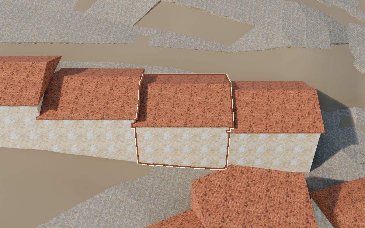 Casa del Carrer Sepulcro (Calle del Sepulcro) en la reconstrucción 3D, vista desde su calle, con su contorno marcado en teja entre las casas de alrededor