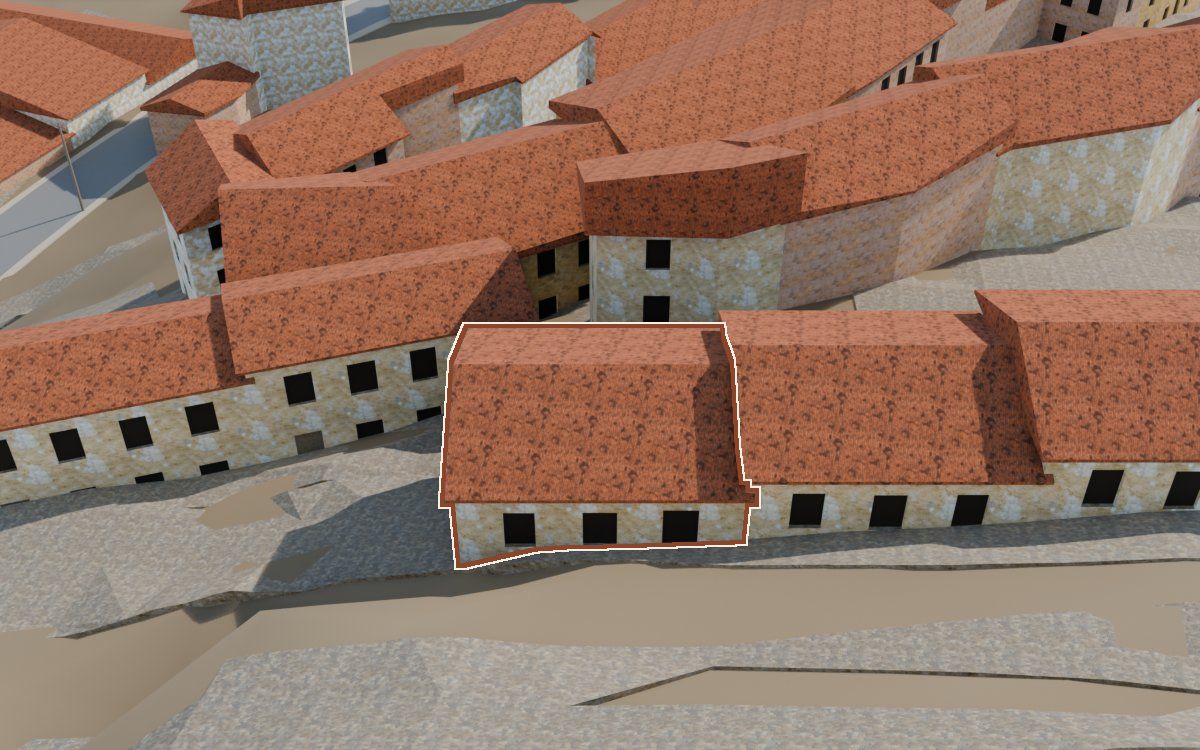 Casa del Carrer Sepulcro (Calle del Sepulcro) en la reconstrucción 3D, vista desde su calle, con su contorno marcado en teja entre las casas de alrededor