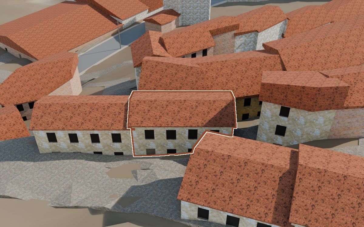 Casa del Carrer Saragossa (Calle Zaragoza) en la reconstrucción 3D, vista desde su calle, con su contorno marcado en teja entre las casas de alrededor