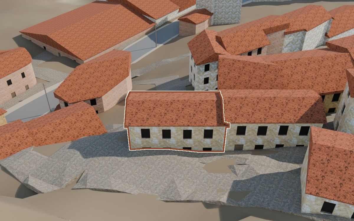Casa del Carrer Saragossa (Calle Zaragoza) en la reconstrucción 3D, vista desde su calle, con su contorno marcado en teja entre las casas de alrededor