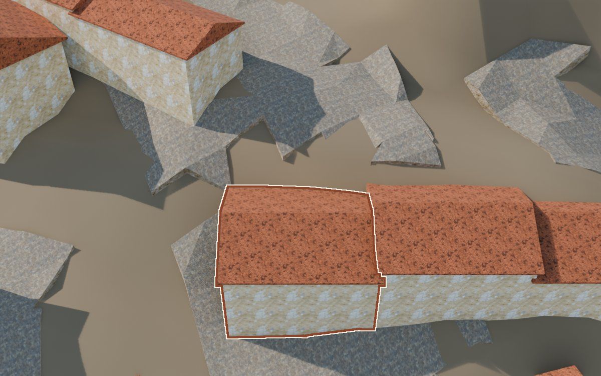 Casa del Carrer Sepulcro (Calle del Sepulcro) en la reconstrucción 3D, vista desde el lado en que mejor se ve, con su contorno marcado en teja entre las casas de alrededor