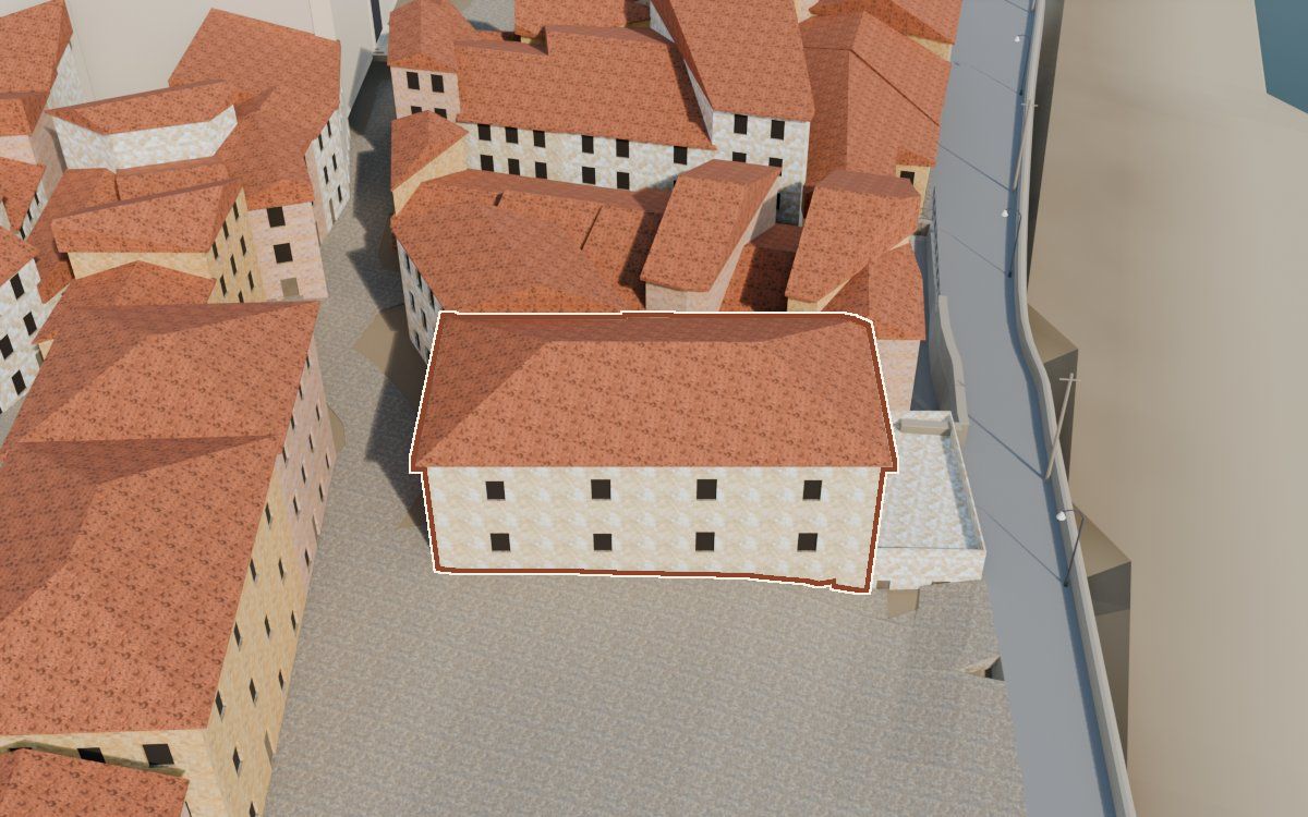Caserón del portal de arco en la reconstrucción 3D, vista desde su calle, con su contorno marcado en teja entre las casas de alrededor