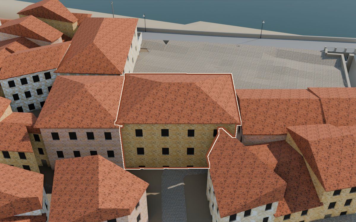 Edificio de ladrillo de la plaza en la reconstrucción 3D, vista desde su calle, con su contorno marcado en teja entre las casas de alrededor