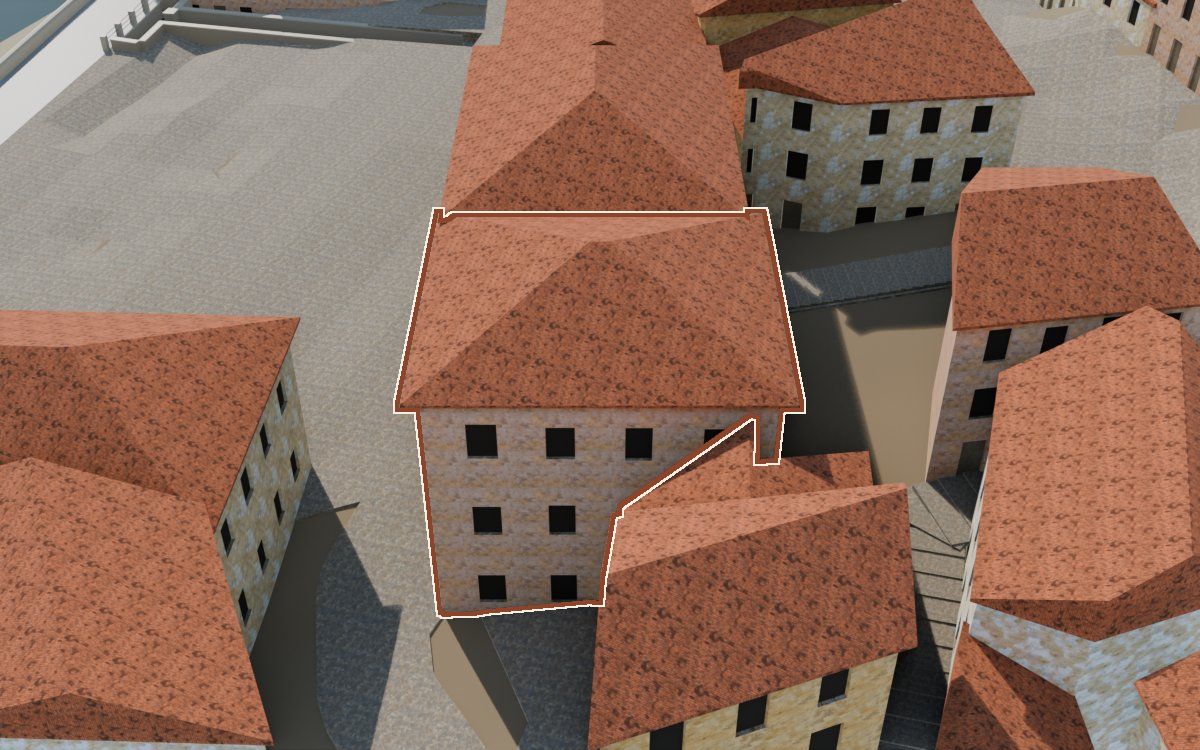 La Farmacia en la reconstrucción 3D, vista desde su calle, con su contorno marcado en teja entre las casas de alrededor