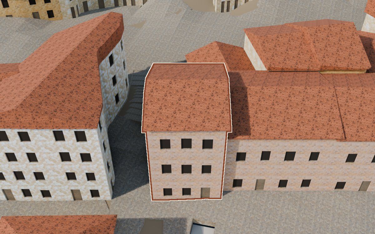 Casa de la Plaça d'Armes (Plaza de Armas) en la reconstrucción 3D, vista desde el lado en que mejor se ve, con su contorno marcado en teja entre las casas de alrededor