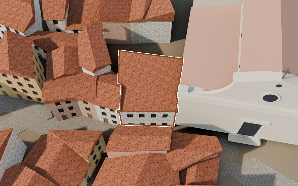 Casa de los tres balcones, pegada a la iglesia en la reconstrucción 3D, vista desde el lado en que mejor se ve, con su contorno marcado en teja entre las casas de alrededor