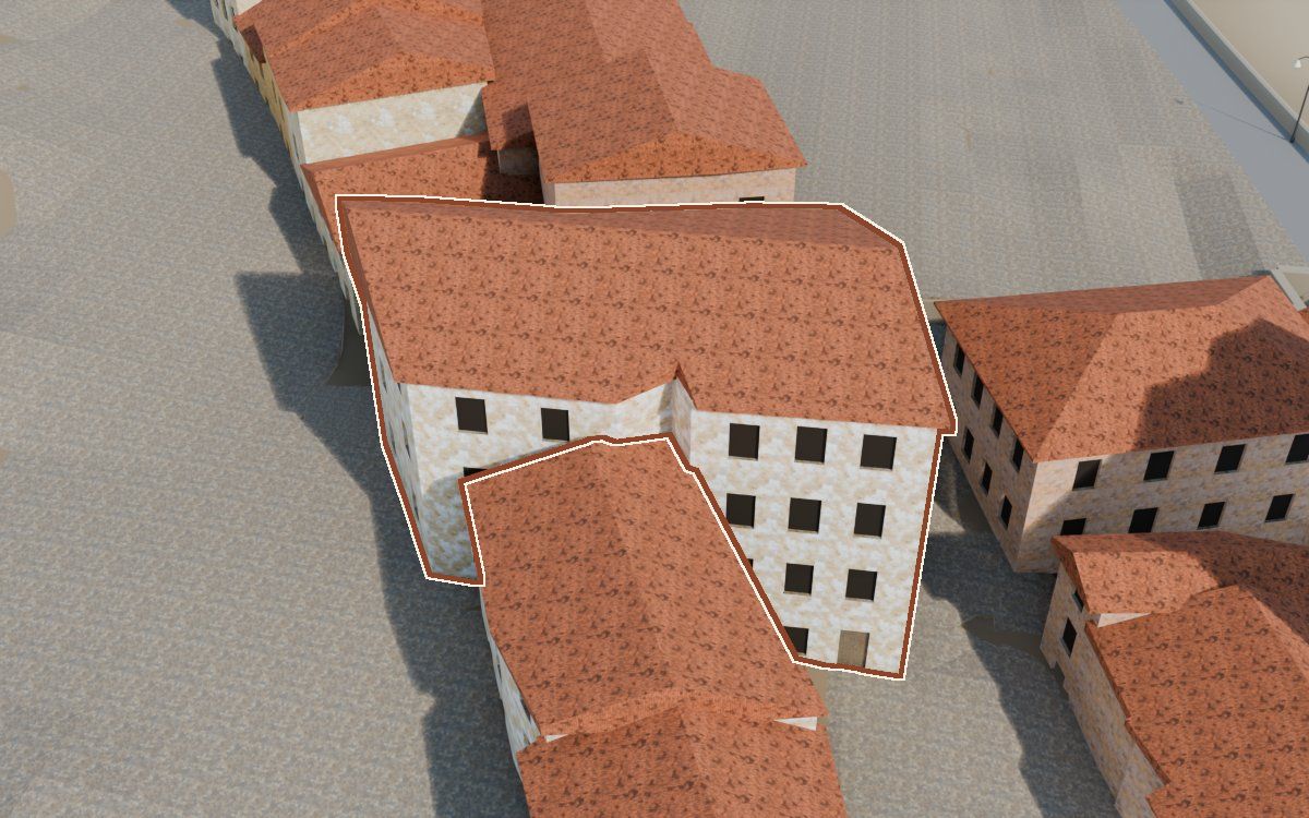 Edificio de piedra de la escalera en la reconstrucción 3D, vista desde su calle, con su contorno marcado en teja entre las casas de alrededor