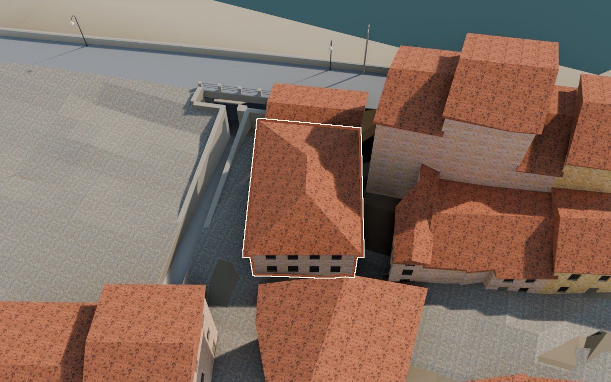Bar Ebro en la reconstrucción 3D, vista desde el lado en que mejor se ve, con su contorno marcado en teja entre las casas de alrededor