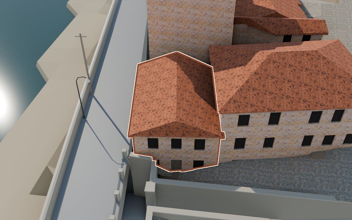 Casino en la reconstrucción 3D, vista desde el lado en que mejor se ve, con su contorno marcado en teja entre las casas de alrededor