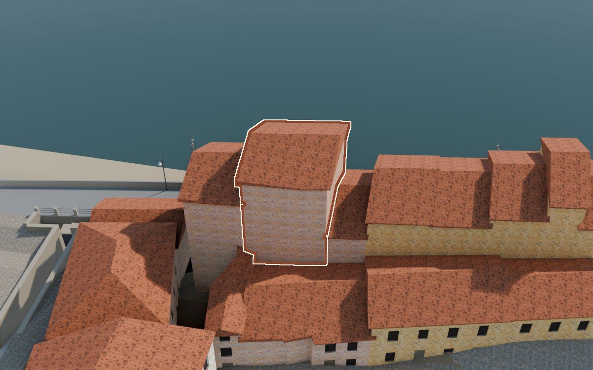 Casa de Lo Muro (El Muro) en la reconstrucción 3D, vista desde su calle, con su contorno marcado en teja entre las casas de alrededor