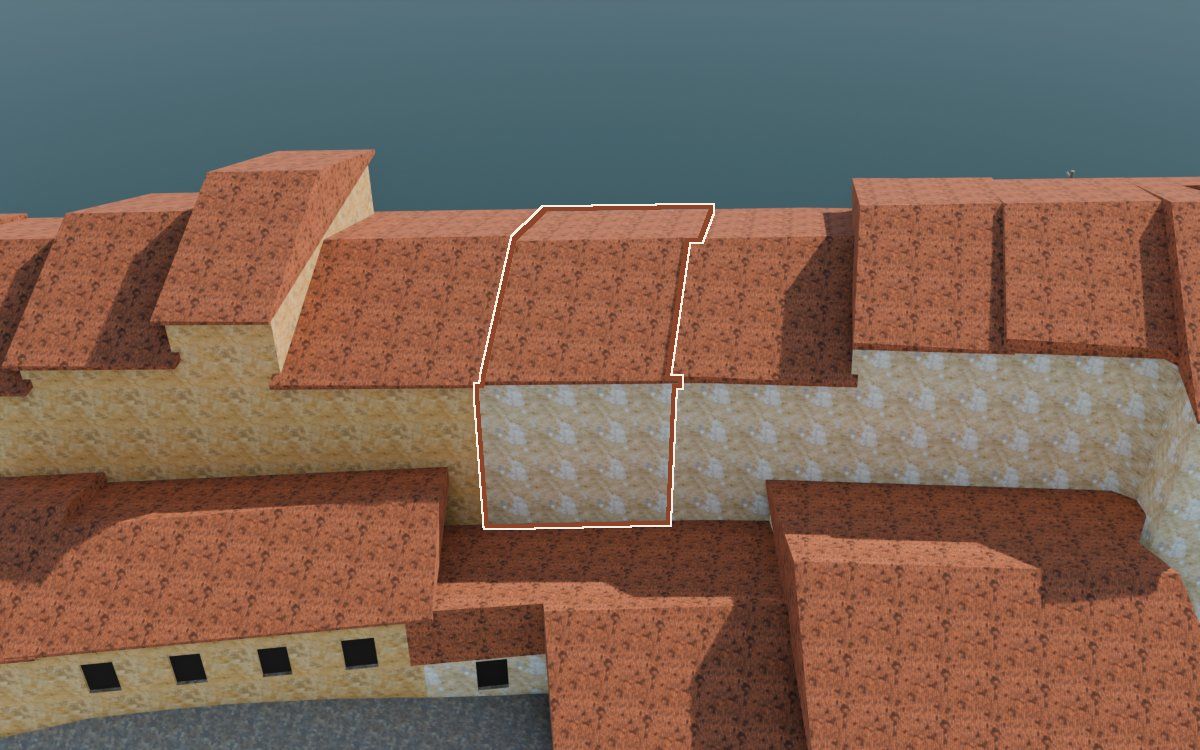 Casa de Lo Muro (El Muro) en la reconstrucción 3D, vista desde su calle, con su contorno marcado en teja entre las casas de alrededor