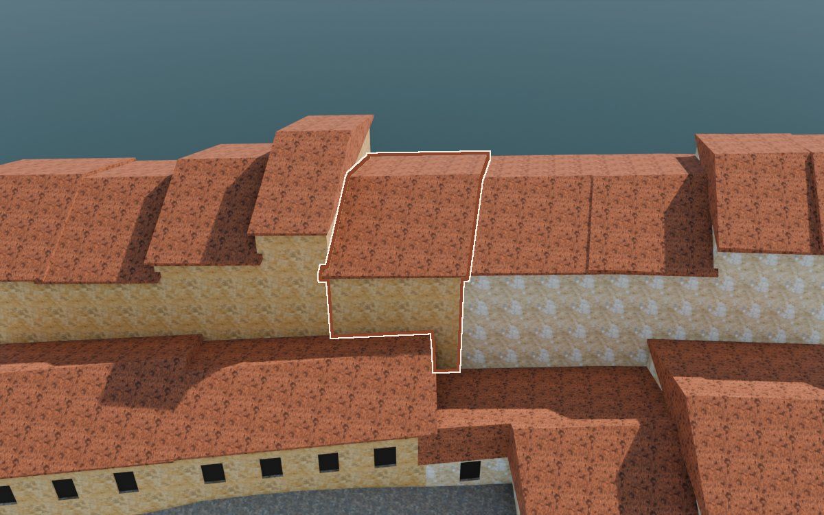 Casa de Lo Muro (El Muro) en la reconstrucción 3D, vista desde su calle, con su contorno marcado en teja entre las casas de alrededor