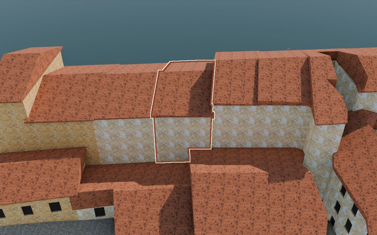 Casa de Lo Muro (El Muro) en la reconstrucción 3D, vista desde su calle, con su contorno marcado en teja entre las casas de alrededor