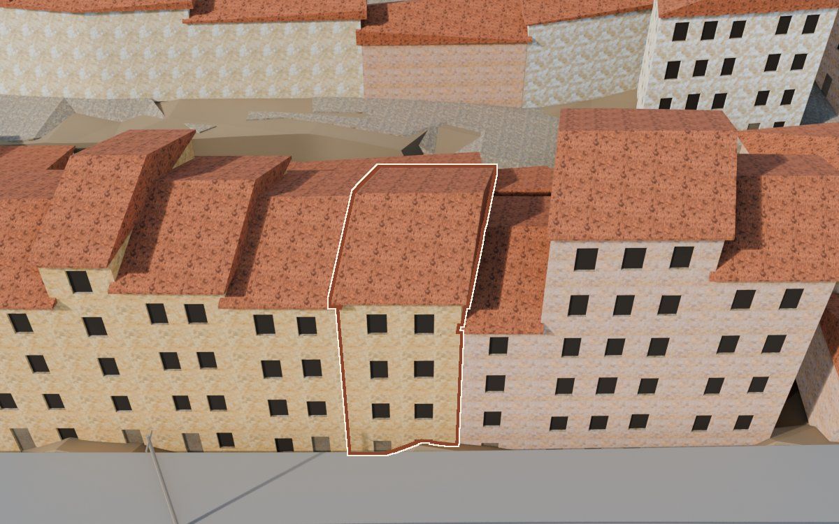 Casa de Lo Muro (El Muro) en la reconstrucción 3D, vista desde el lado en que mejor se ve, con su contorno marcado en teja entre las casas de alrededor
