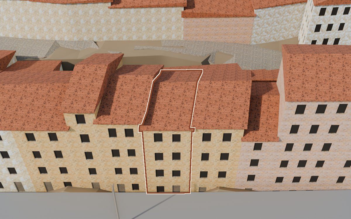 Casa de Lo Muro (El Muro) en la reconstrucción 3D, vista desde el lado en que mejor se ve, con su contorno marcado en teja entre las casas de alrededor