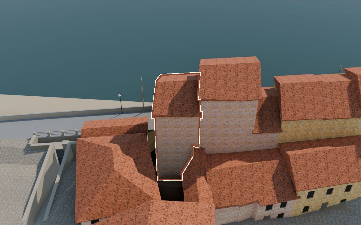 Casa de Lo Muro (El Muro) en la reconstrucción 3D, vista desde su calle, con su contorno marcado en teja entre las casas de alrededor