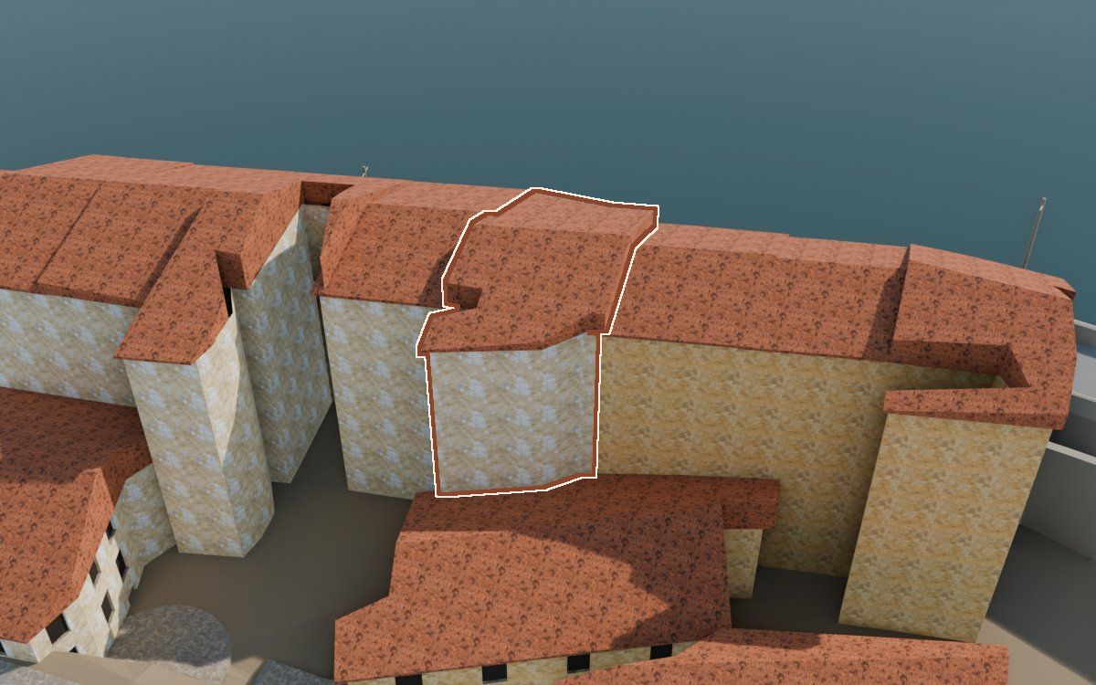 Casa de Lo Muro (El Muro) en la reconstrucción 3D, vista desde su calle, con su contorno marcado en teja entre las casas de alrededor