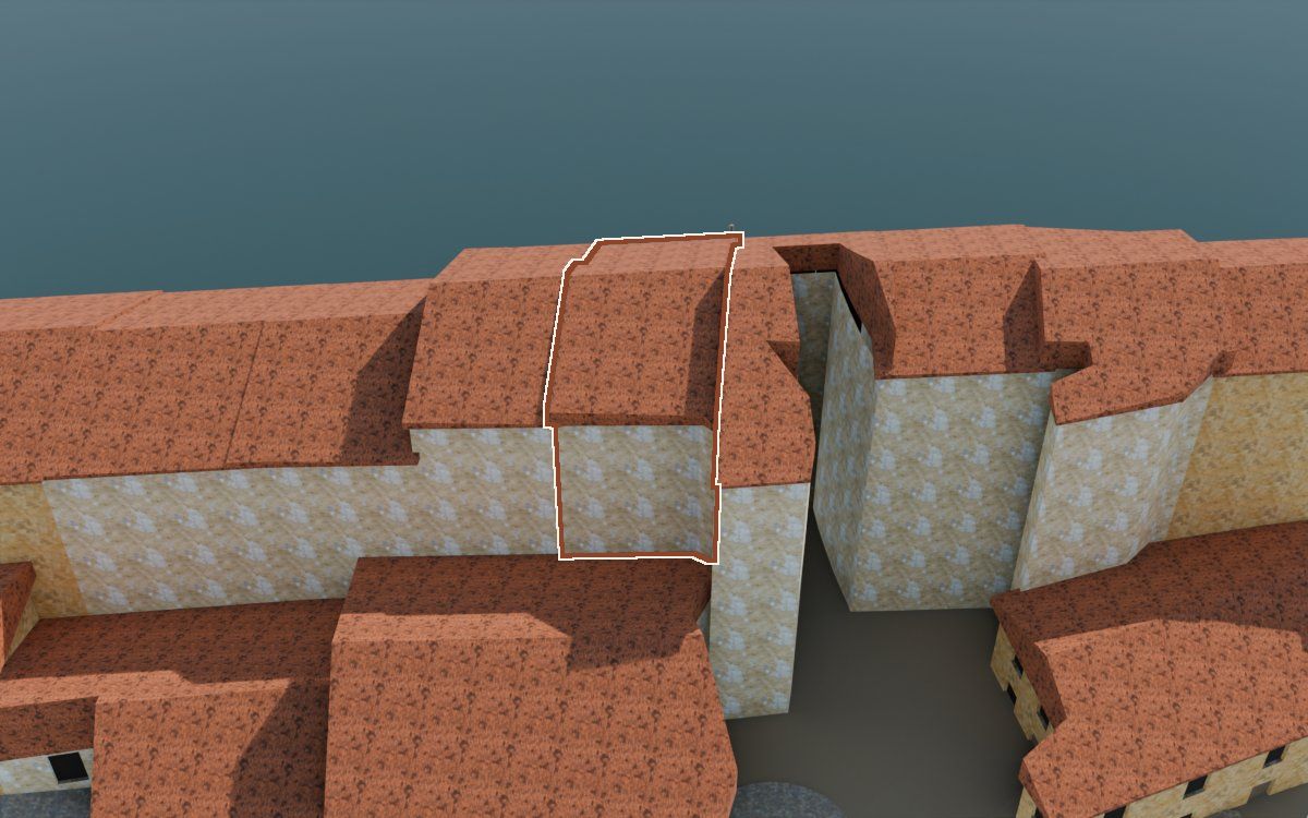Casa de Lo Muro (El Muro) en la reconstrucción 3D, vista desde su calle, con su contorno marcado en teja entre las casas de alrededor