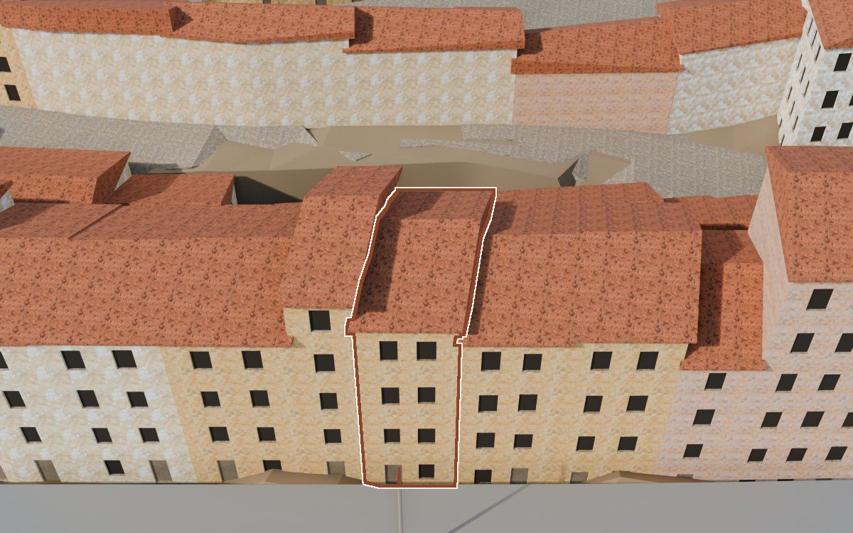 Casa de Lo Muro (El Muro) en la reconstrucción 3D, vista desde el lado en que mejor se ve, con su contorno marcado en teja entre las casas de alrededor