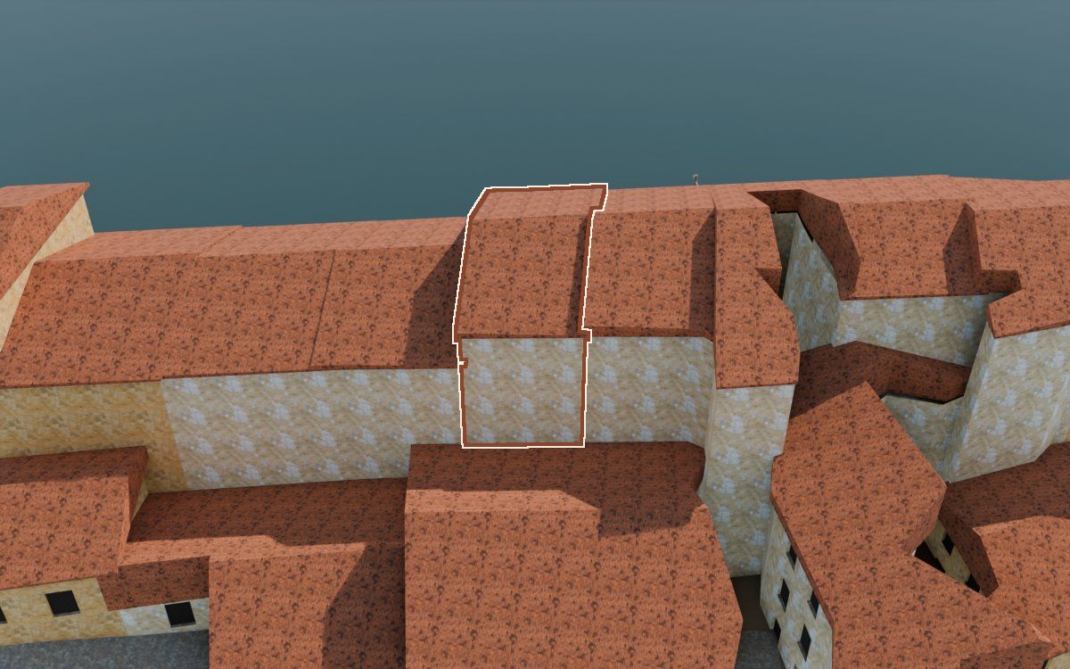 Casa de Lo Muro (El Muro) en la reconstrucción 3D, vista desde su calle, con su contorno marcado en teja entre las casas de alrededor