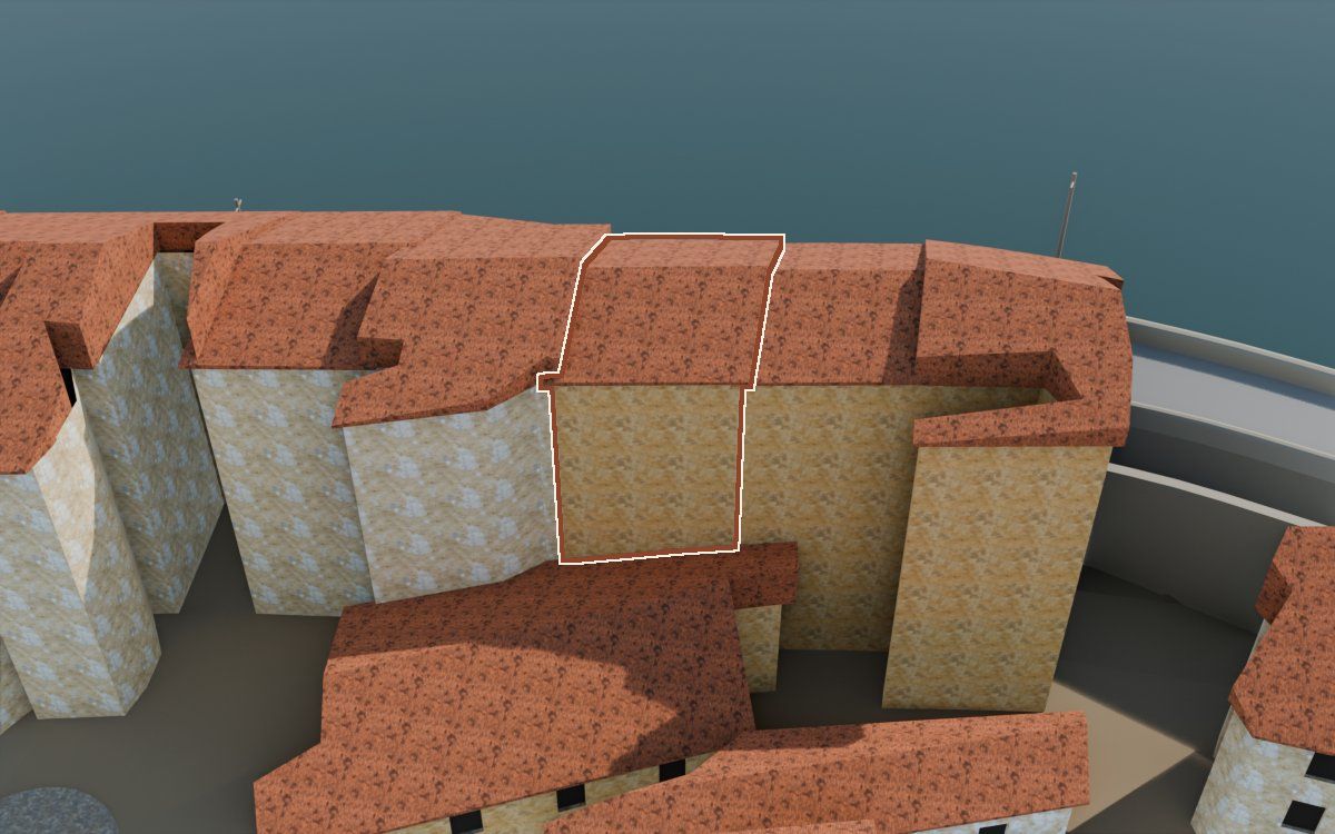 Casa de Lo Muro (El Muro) en la reconstrucción 3D, vista desde su calle, con su contorno marcado en teja entre las casas de alrededor