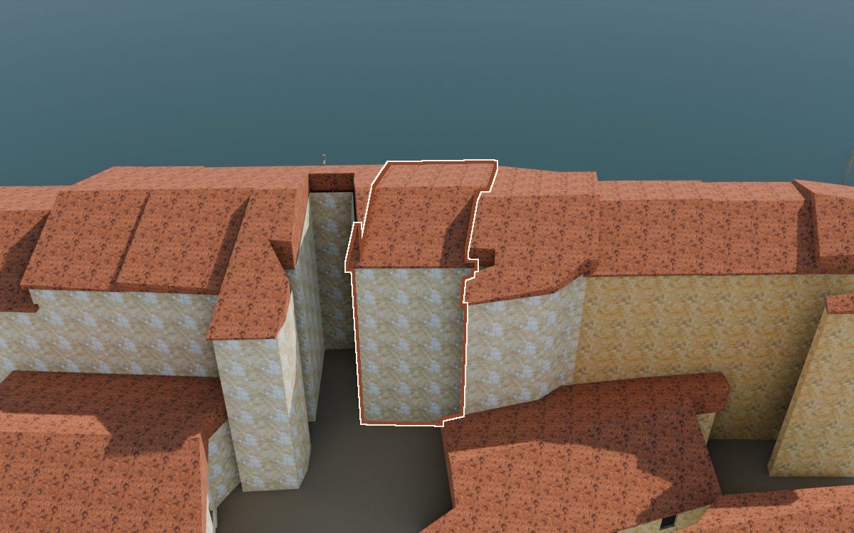 Casa de Lo Muro (El Muro) en la reconstrucción 3D, vista desde su calle, con su contorno marcado en teja entre las casas de alrededor