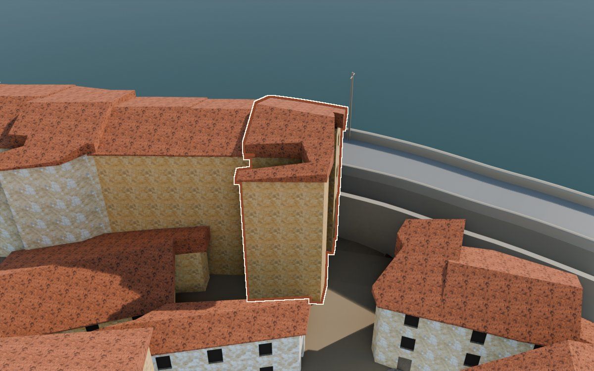 Casa de Lo Muro (El Muro) en la reconstrucción 3D, vista desde su calle, con su contorno marcado en teja entre las casas de alrededor
