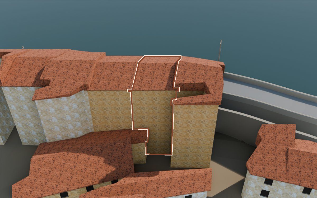 Casa de Lo Muro (El Muro) en la reconstrucción 3D, vista desde su calle, con su contorno marcado en teja entre las casas de alrededor