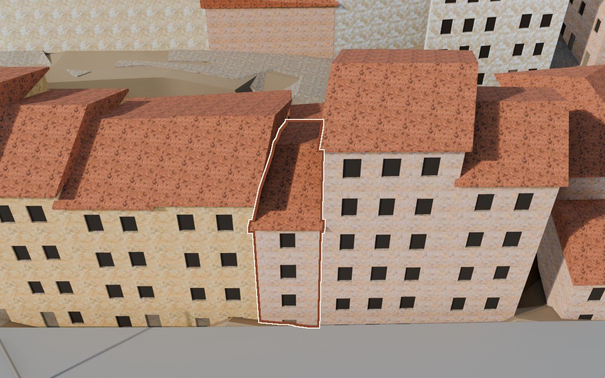Casa de Lo Muro (El Muro) en la reconstrucción 3D, vista desde el lado en que mejor se ve, con su contorno marcado en teja entre las casas de alrededor