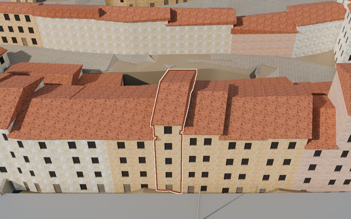 Casa de Lo Muro (El Muro) en la reconstrucción 3D, vista desde el lado en que mejor se ve, con su contorno marcado en teja entre las casas de alrededor