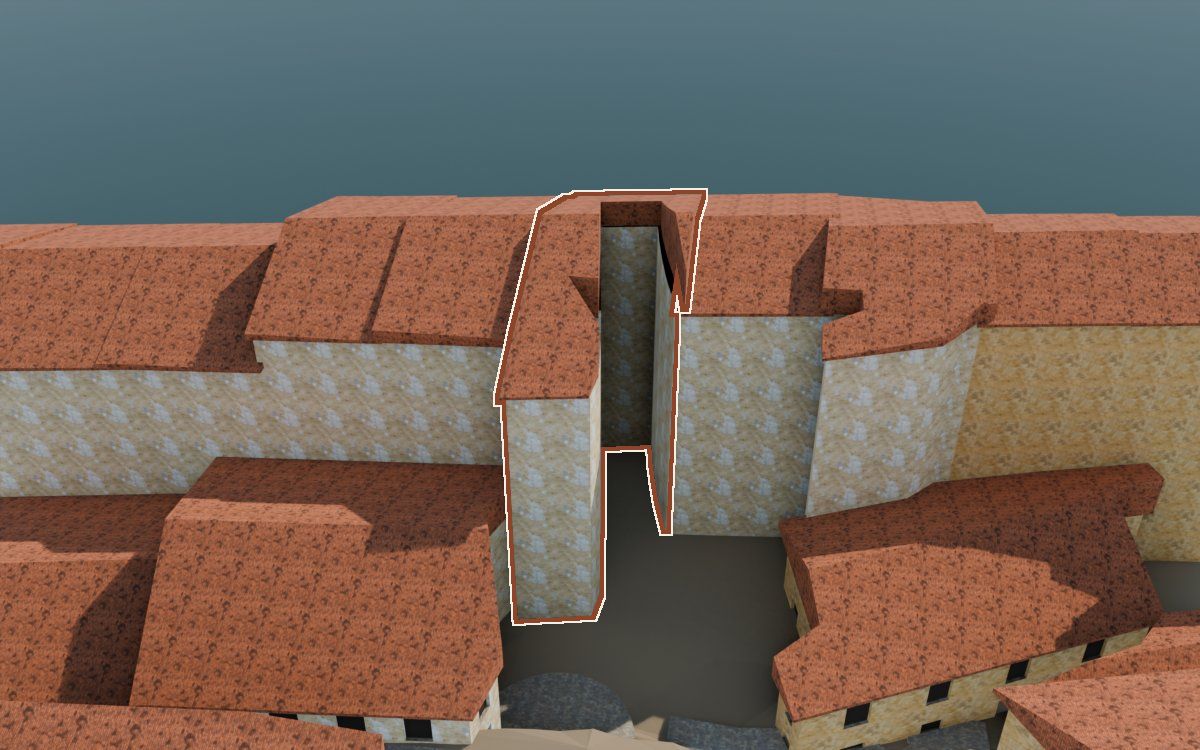 Casa de Lo Muro (El Muro) en la reconstrucción 3D, vista desde su calle, con su contorno marcado en teja entre las casas de alrededor