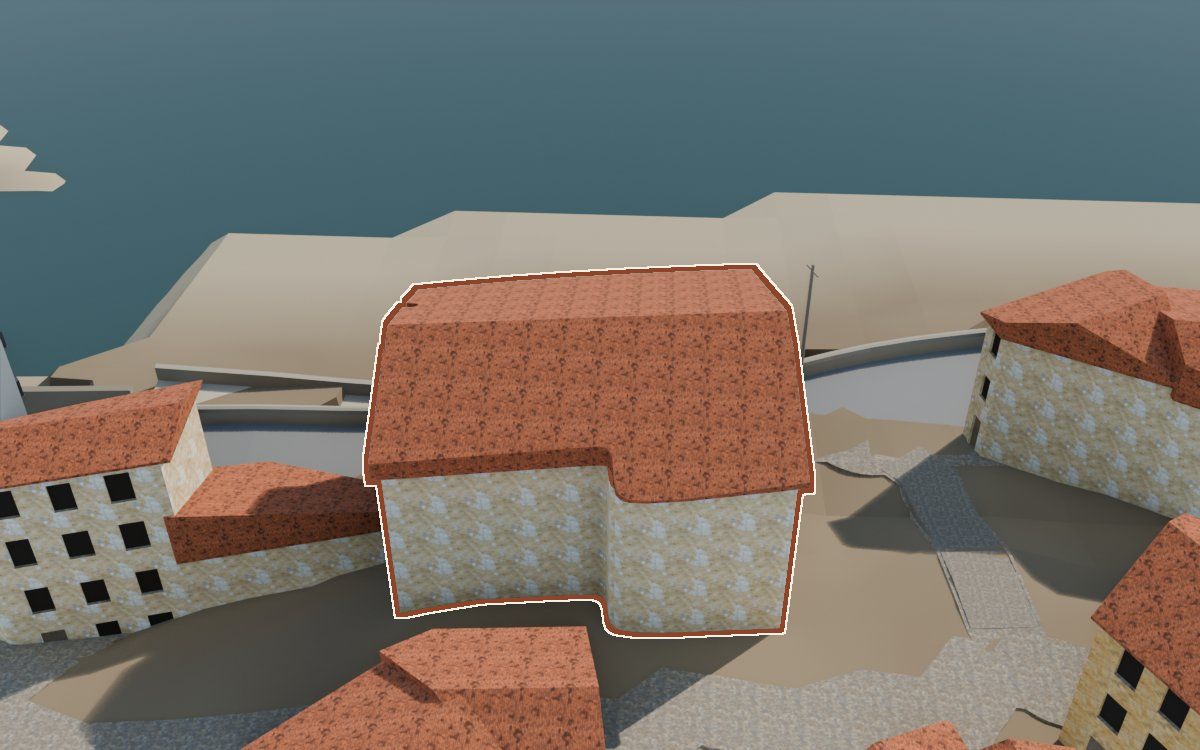 Edificio alto de la curva de Lo Muro en la reconstrucción 3D, vista desde su calle, con su contorno marcado en teja entre las casas de alrededor