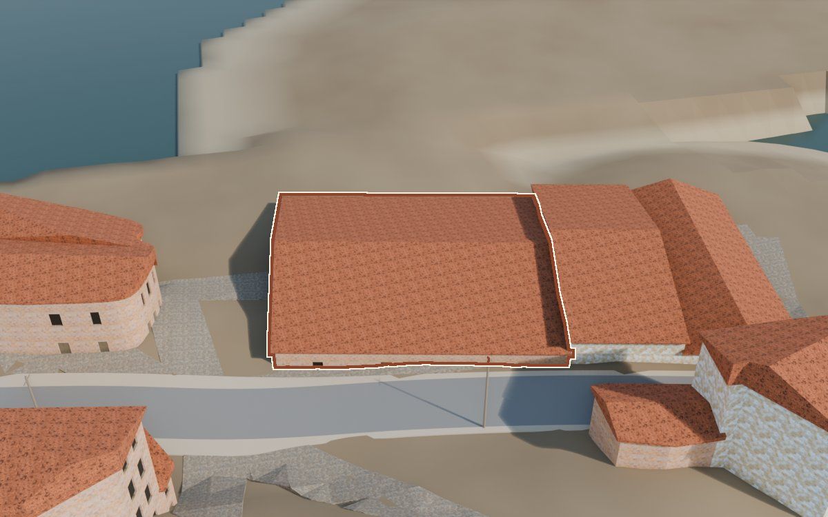 Casa del Carrer Fraga de Dalt (Calle Alta de Fraga) en la reconstrucción 3D, vista desde su calle, con su contorno marcado en teja entre las casas de alrededor