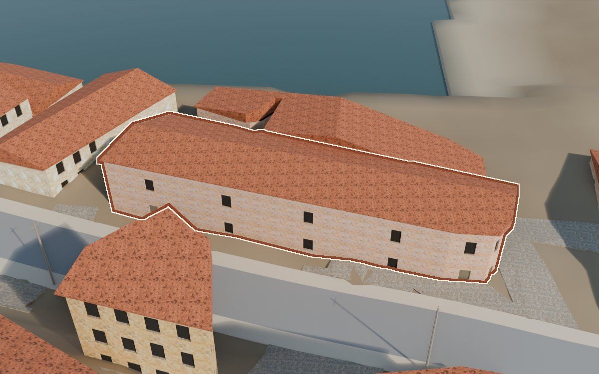 Casa del Carrer Saragossa (Calle Zaragoza) en la reconstrucción 3D, vista desde su calle, con su contorno marcado en teja entre las casas de alrededor