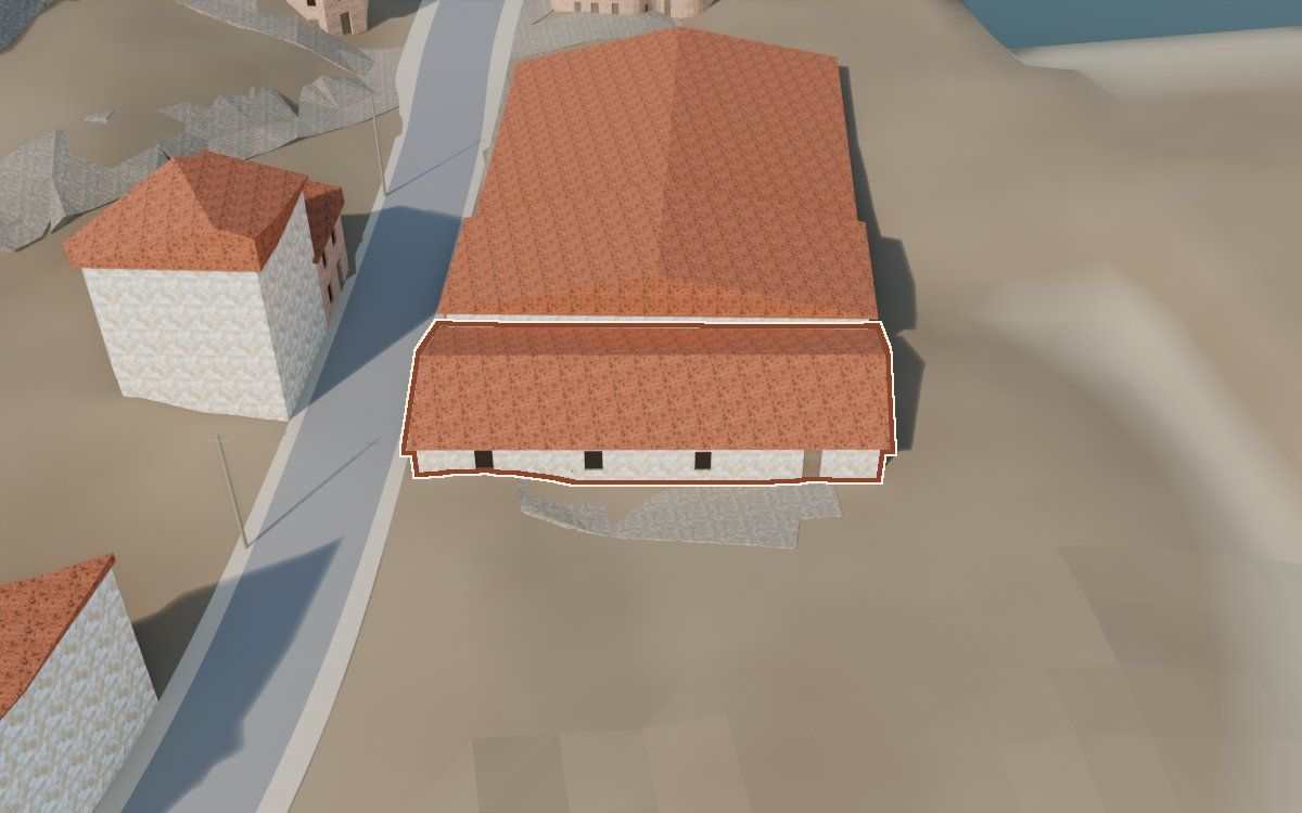 Casa del Carrer del Rosari (Calle del Rosario) en la reconstrucción 3D, vista desde su calle, con su contorno marcado en teja entre las casas de alrededor