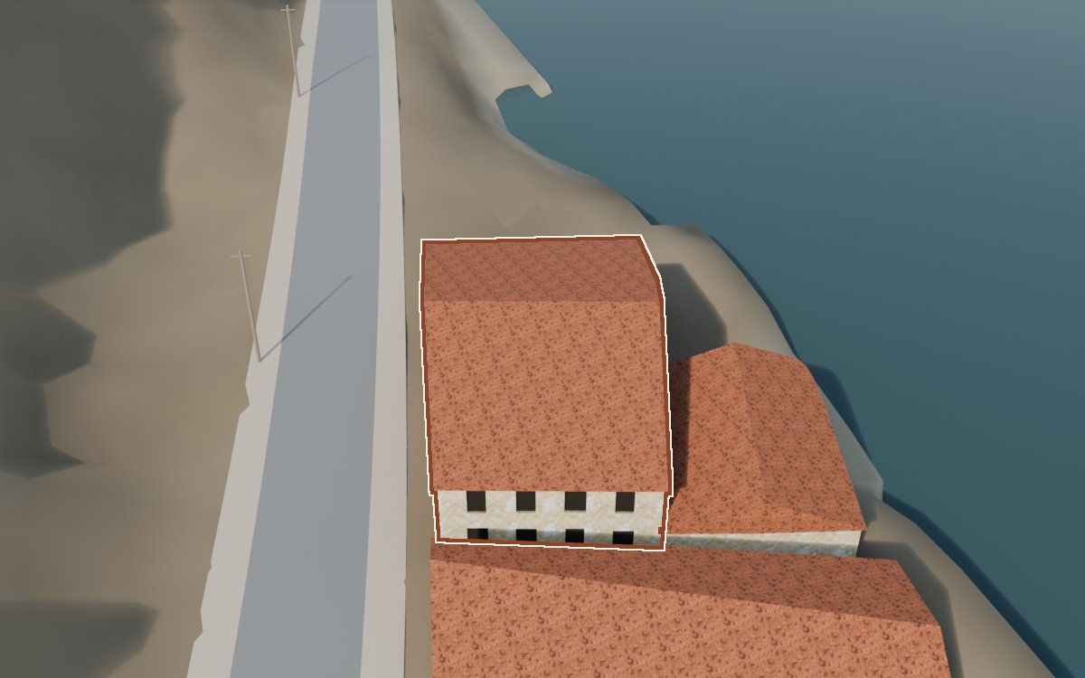 Casa del Carrer de les Penes (Calle de las Peñas) en la reconstrucción 3D, vista desde su calle, con su contorno marcado en teja entre las casas de alrededor