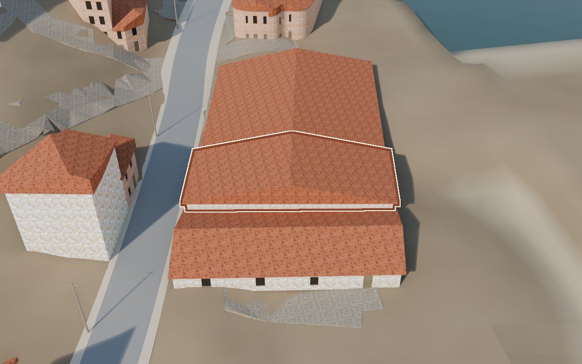 Casa del Carrer Fraga de Dalt (Calle Alta de Fraga) en la reconstrucción 3D, vista desde su calle, con su contorno marcado en teja entre las casas de alrededor