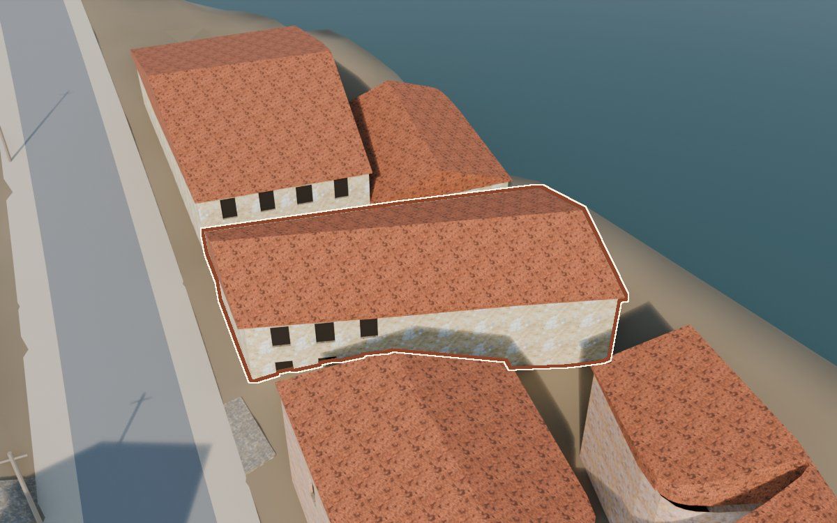 Casa del Carrer de les Penes (Calle de las Peñas) en la reconstrucción 3D, vista desde su calle, con su contorno marcado en teja entre las casas de alrededor