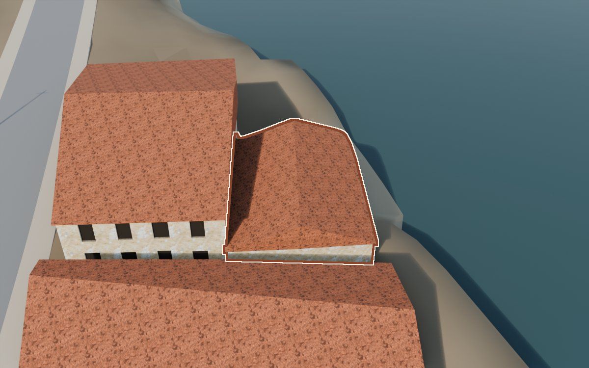 Casa cerca del Carrer de les Penes (Calle de las Peñas) en la reconstrucción 3D, vista desde su calle, con su contorno marcado en teja entre las casas de alrededor