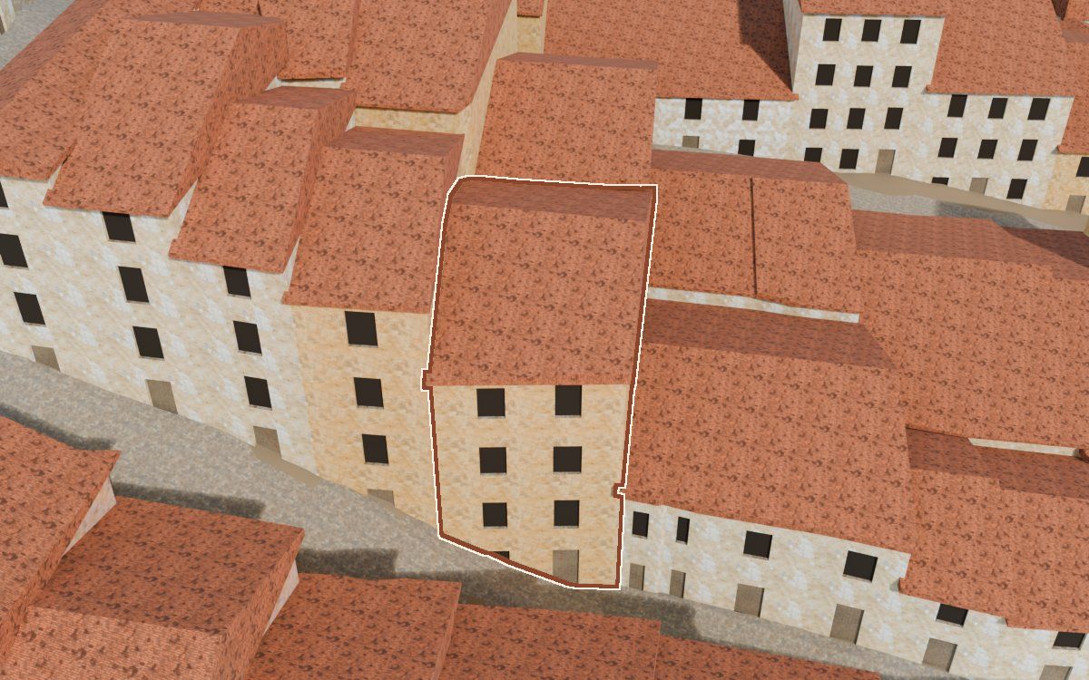 Casa del Carrer Magdalena (Calle Magdalena) en la reconstrucción 3D, vista desde su calle, con su contorno marcado en teja entre las casas de alrededor