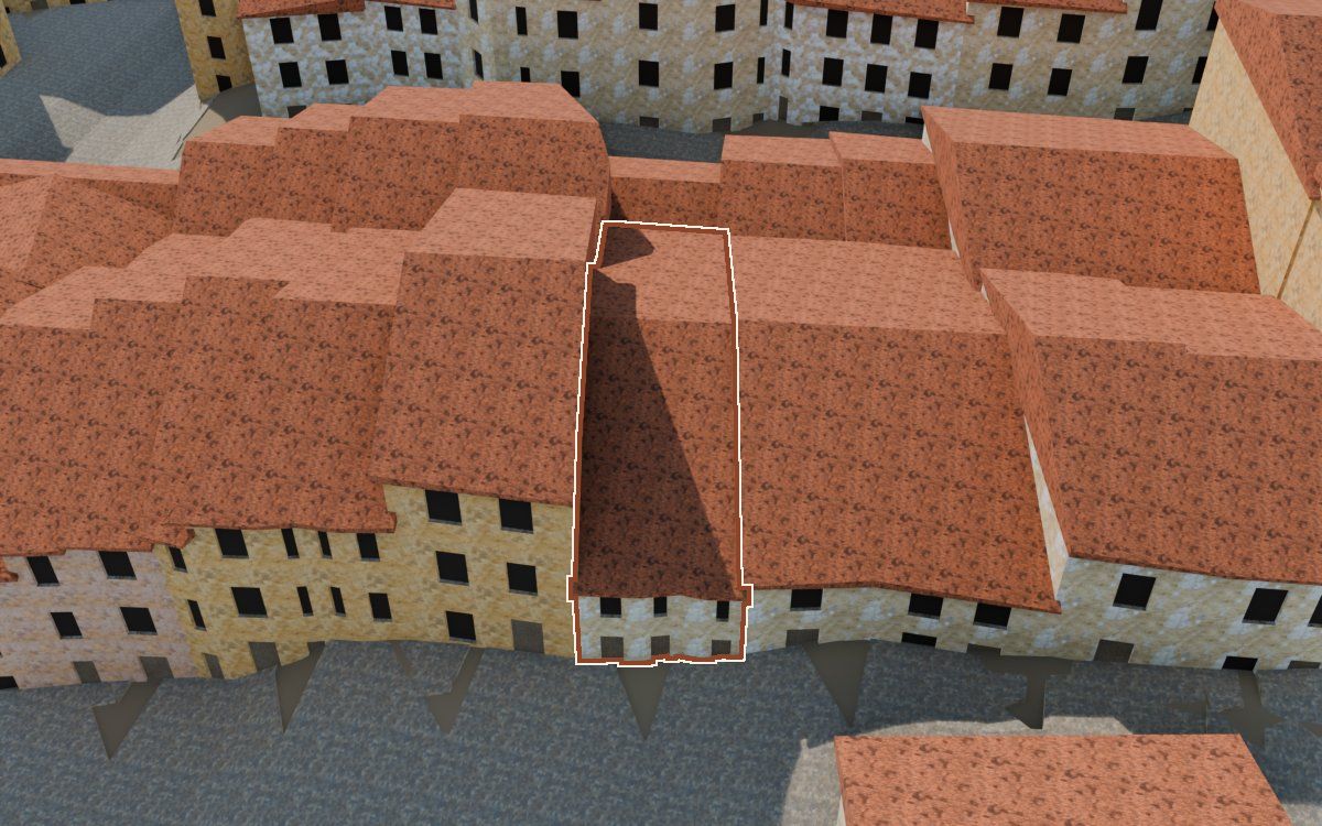 Manzana 28, n.º 26 en la reconstrucción 3D, vista desde el lado en que mejor se ve, con su contorno marcado en teja entre las casas de alrededor
