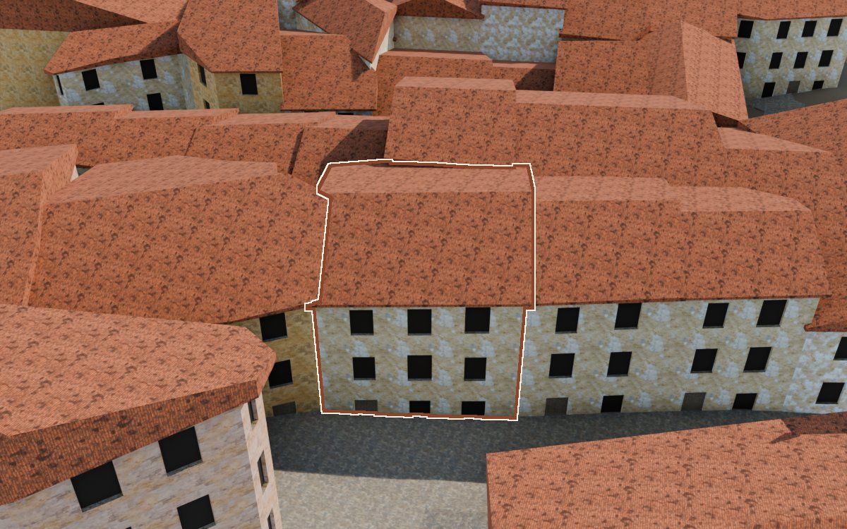 Casa del Carrer de Sant Josep (Calle San José) en la reconstrucción 3D, vista desde su calle, con su contorno marcado en teja entre las casas de alrededor